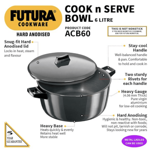 Hawkins Futura 6 Litre Cook n Serve Bowl, Hard Anodised Saucepan with Hard Anodised Lid, Sauce Pan for Cooking and Serving, Black (ACB60) (Aluminium) Visit the Hawkins Store - Image 4